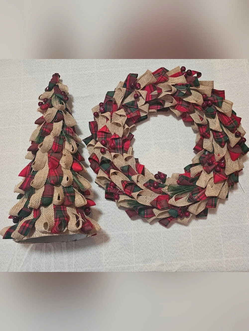 Rustic Farmhouse Holiday Decor Set | Burlap & Buffalo Plaid Wreath + Tree